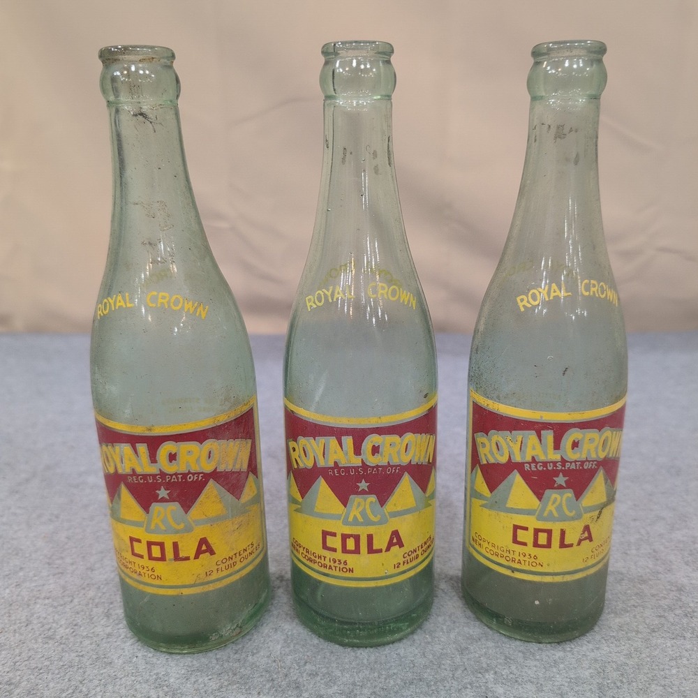 3 Vtg Royal Crown RC Cola Pyramid Glass Bottles Chattanooga Montgomery Bowling G